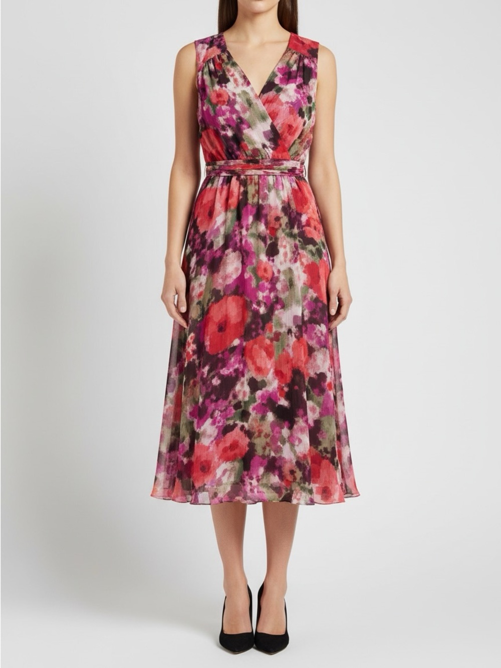 New Calvin Klein Sleeveless V-Neck Floral Midi Dress in Red and Pink size 14W